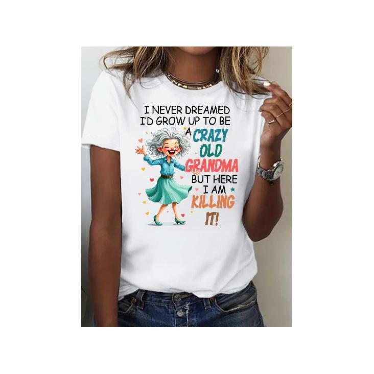 Funny Crazy old Grandma Womens Playful Graphic Print Tee, Casual Wear Summer Short Sleeve, Relaxed Fit T-shirt S