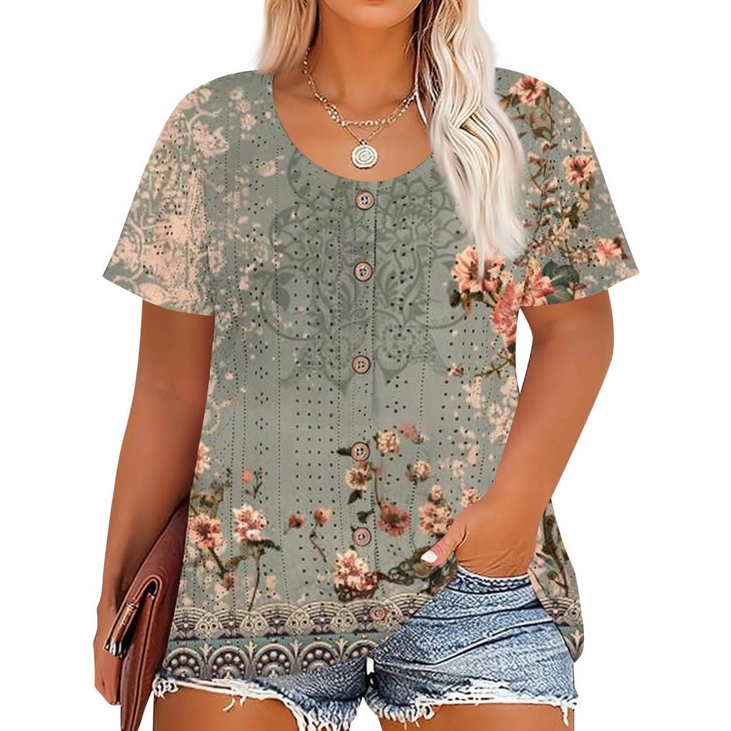 Plus Size Women's Fashion Casual Vintage Printed O-Neck Short Sleeve Button T-Shirt Top