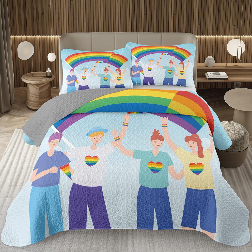 Rainbow Bedspread Queen/Full People Celebrating International Day for LGBT Community Quilt Set Colorful Rainbow Striped Coverlet