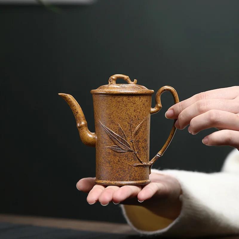

150ml Elegant Yixing Purple Clay Teapots Handmade Bamboo Tube Pot Raw Ore Keel Gold Sand Mud Kettle Chinese Zisha Tea Set Craft
