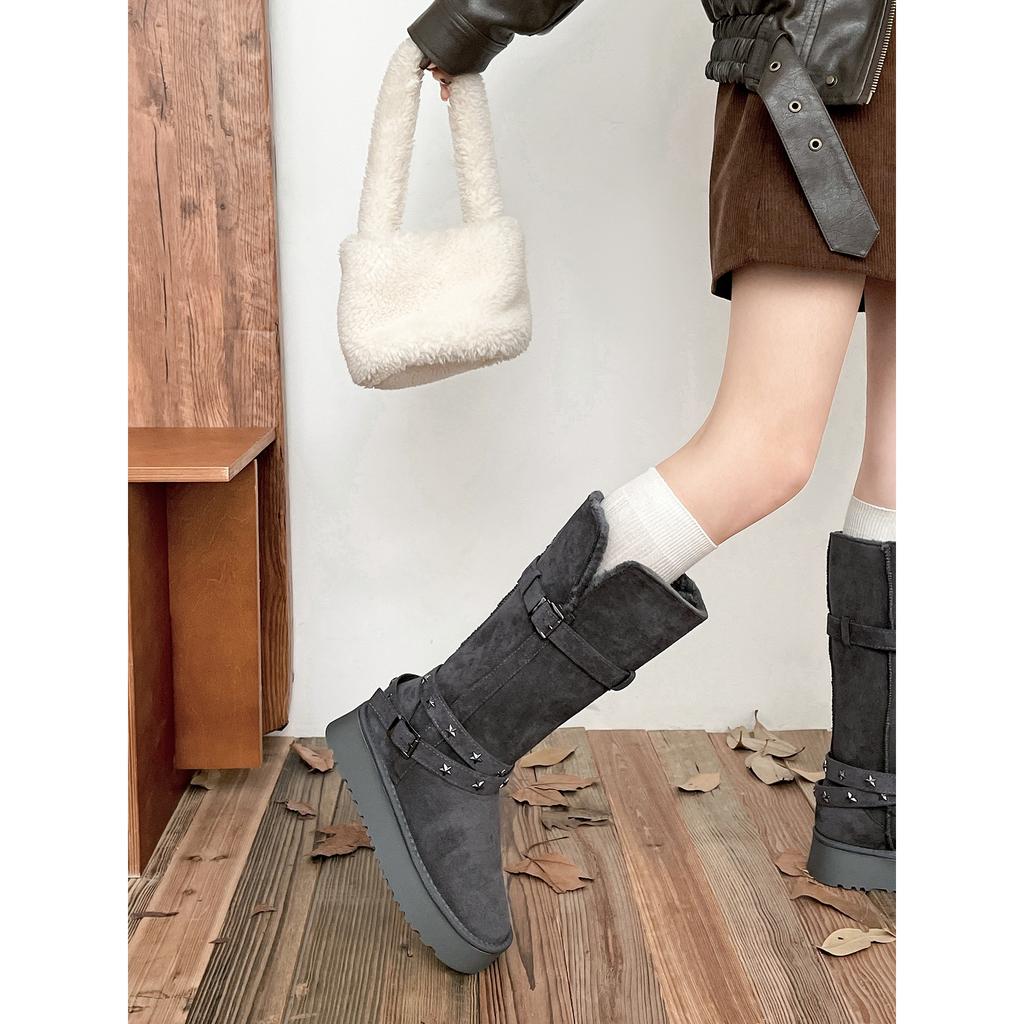 grey velvet thickened non-slip thick-soled long-tube snow boots women's winter warm retro cotton shoes