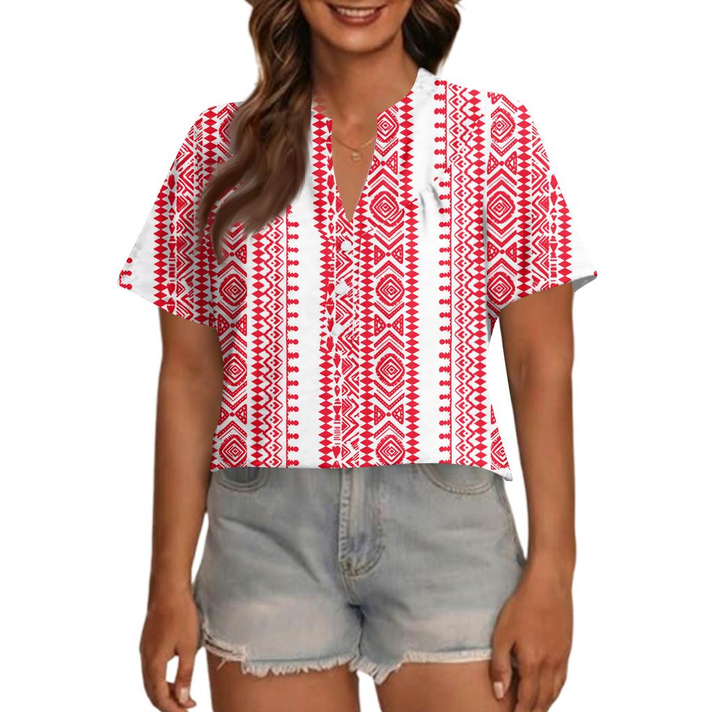 Modisches, lässiges Damen-Top mit V-Ausschnitt, Knopfleiste, Oversize-Schnitt, kurzen Ärmeln und Print