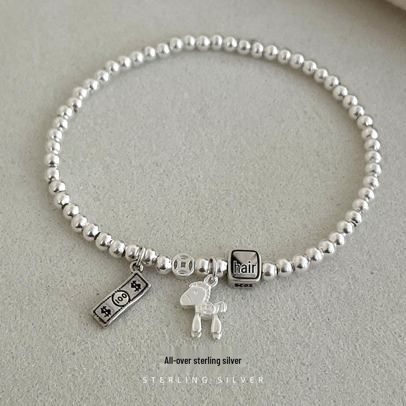 Cui Yan S925 Sterling Silver Korean-Style Beaded Bracelet for Women - Elastic Cord, Wealth Attraction, High-End Feel.