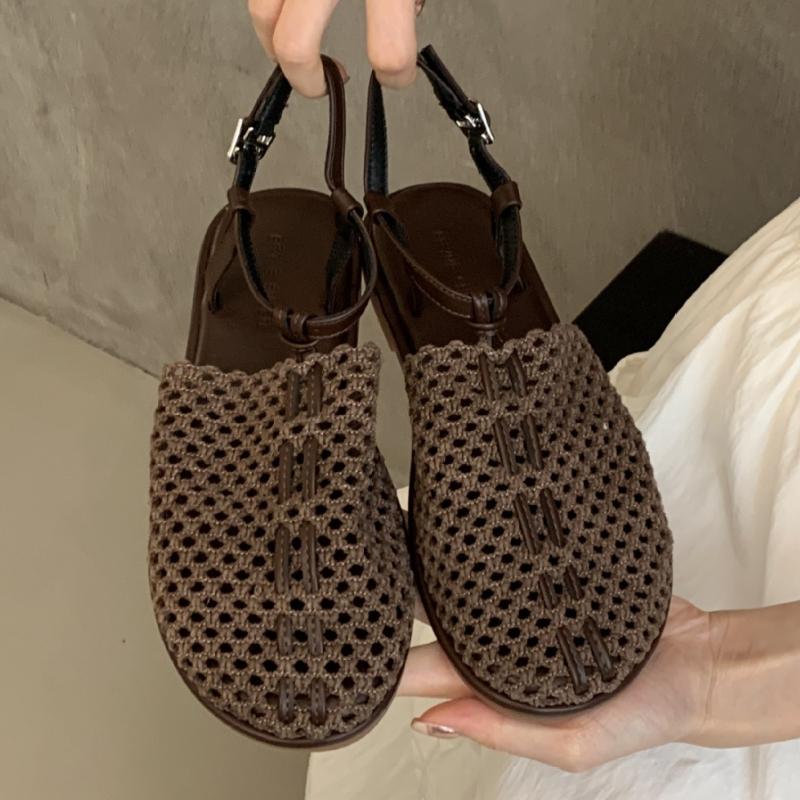 

Fashion Retro Mesh Woven Flat Sandals Women Fashion Ankle Buckle Woven Shoes Comfort Soft Sole Non-Slip Beach Sandals Sandalias De Mujer 35 коричневый
