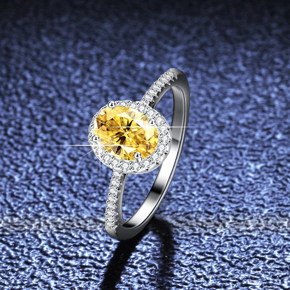 D Color Moissanite Ring Women's S925 Sterling Silver 1 Carat Egg-shaped Yellow Dove Egg Moissanite Ring Wedding Ring Proposal Diamond Ring