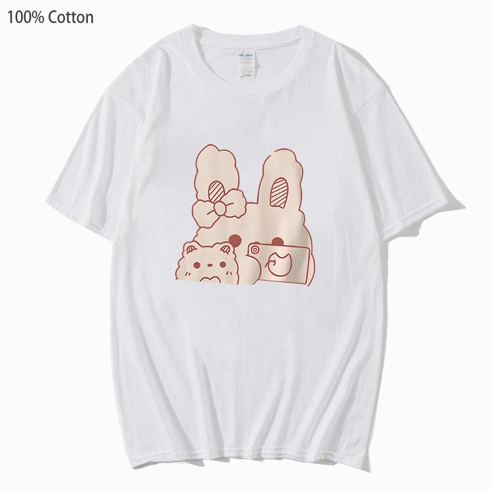 Rabbit T-Shirts Kawaii Cute Anime Tshirt Men Women Casual Harajuku 100%Cotton Summer Clothes White T Shirt Girls Top