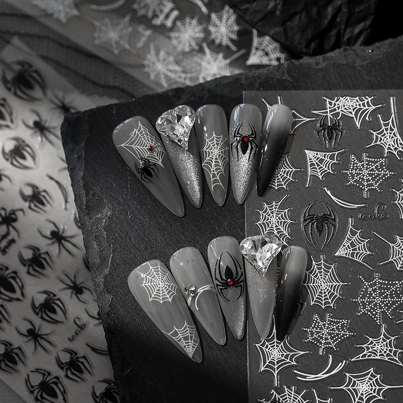 5D Relief Halloween Spider Nails Sticker Black Spiders Cobweb Embossed Diy Manicure Decals