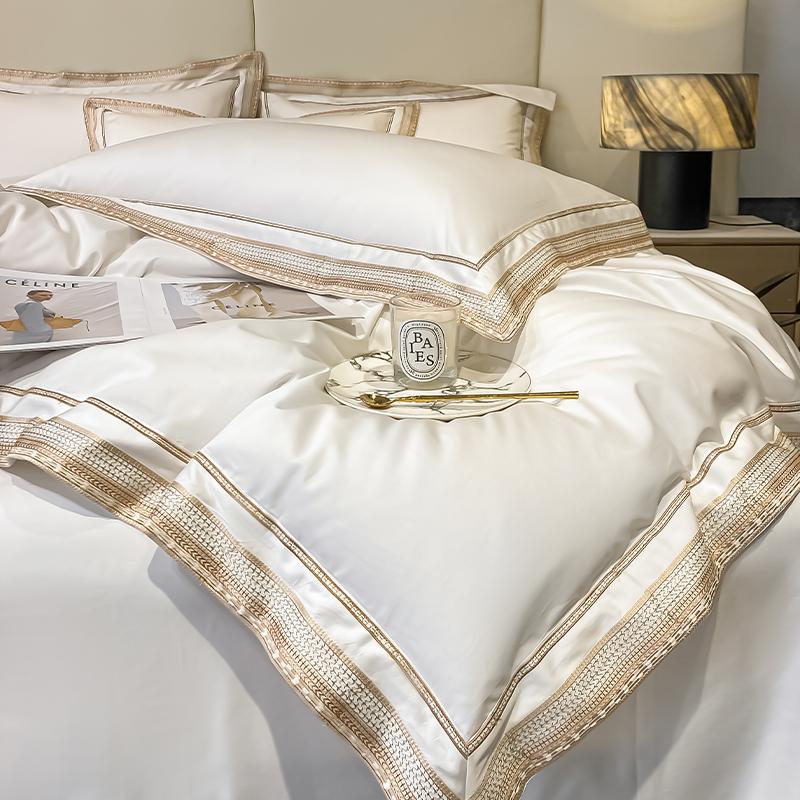 Premium 1000TC Egyptian Cotton Luxury Gold Embroidery Hotel Style Bedding Set Duvet Cover Flat/Fitted Bed Sheet Pillowcases 4Pcs