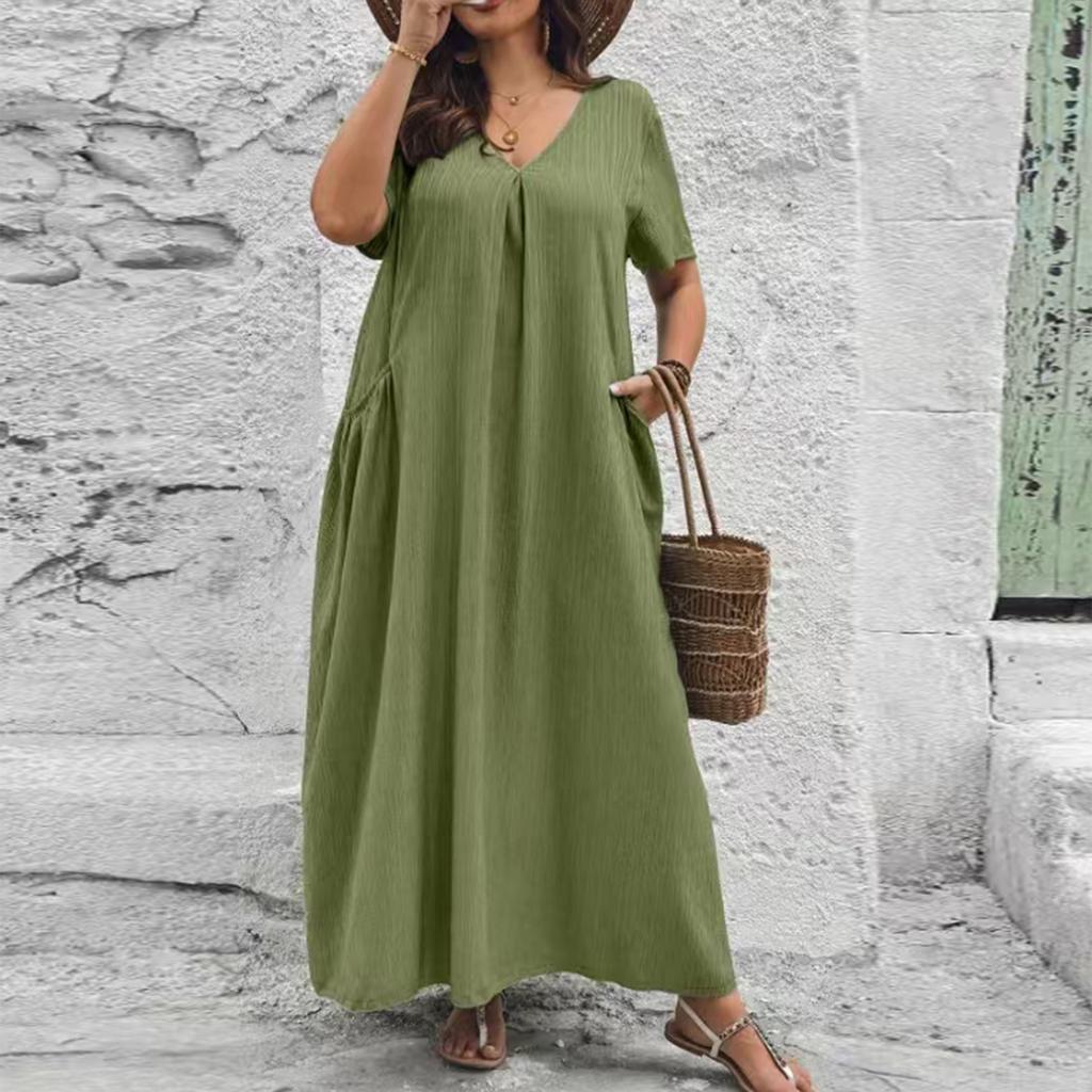 Women's V Neck Short Sleeve Textured Wrinkle Effect Loose Fit Dress with Pockets Casual Comfortable Midi Length
