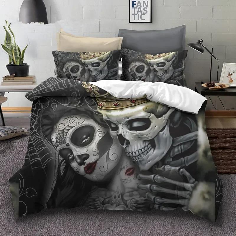 Sugar Skull Bedding Sets King Beauty Kiss Skull Duvet Cover Bed Set Bohemian Print Black Bedclothes Queen Size Bedline