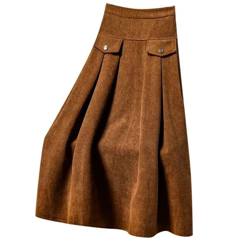 Fustă de damă cu căptușeală din lână, mărimi mari, toamnă/iarnă, talie elastică, croială A-line, fustă lungă din velur, talie înaltă, fustă flausată