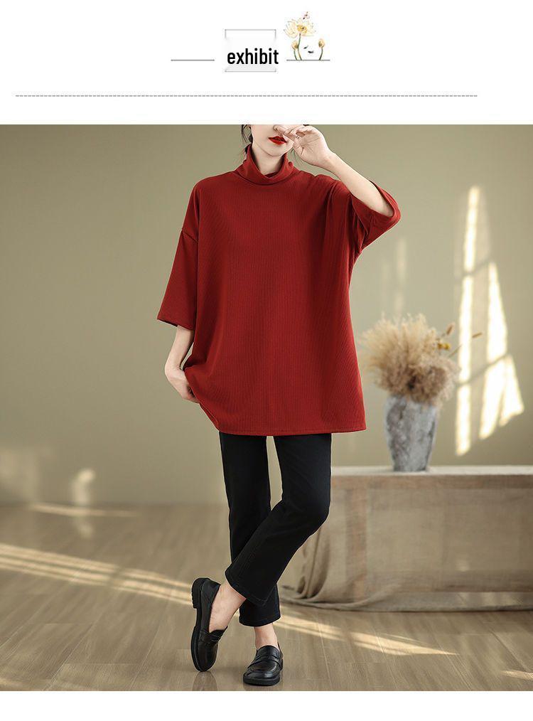 Women's Plus Size Retro High Neck Short Sleeve T-shirt, Autumn 2025, Loose & Slimming Outerwear, Regular Shoulder Base Layer.