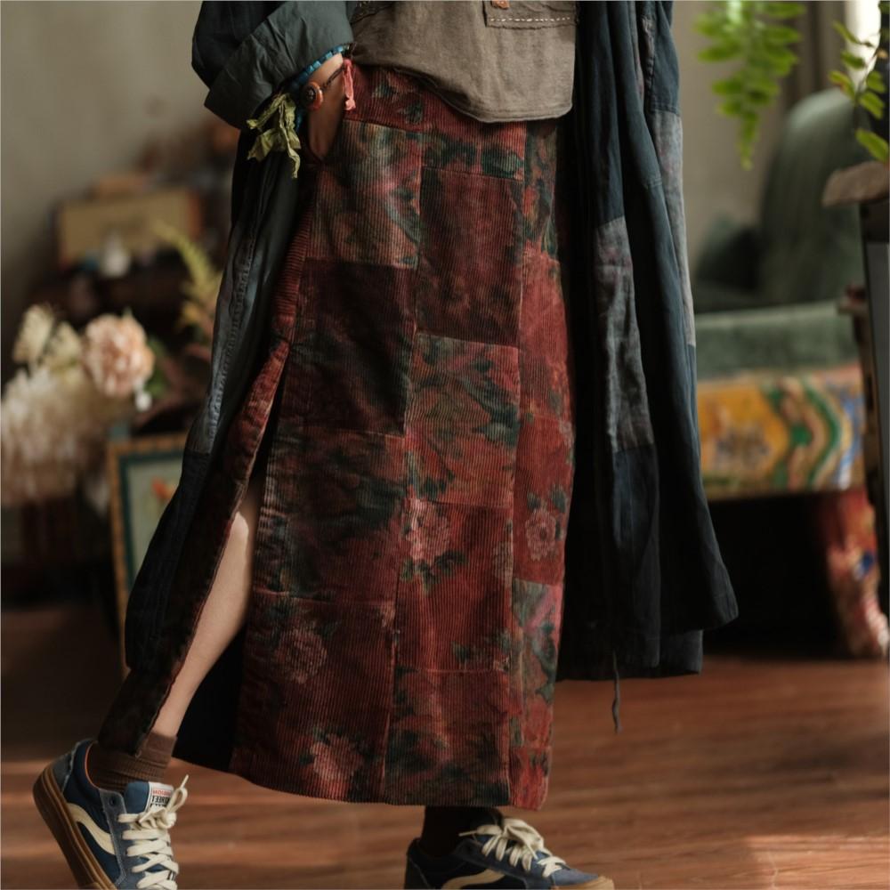 Johnature Women Vintage Patchwork Corduroy Skirts Red Floral Elastic Waist Winter A-Line Chinese Style Skirts