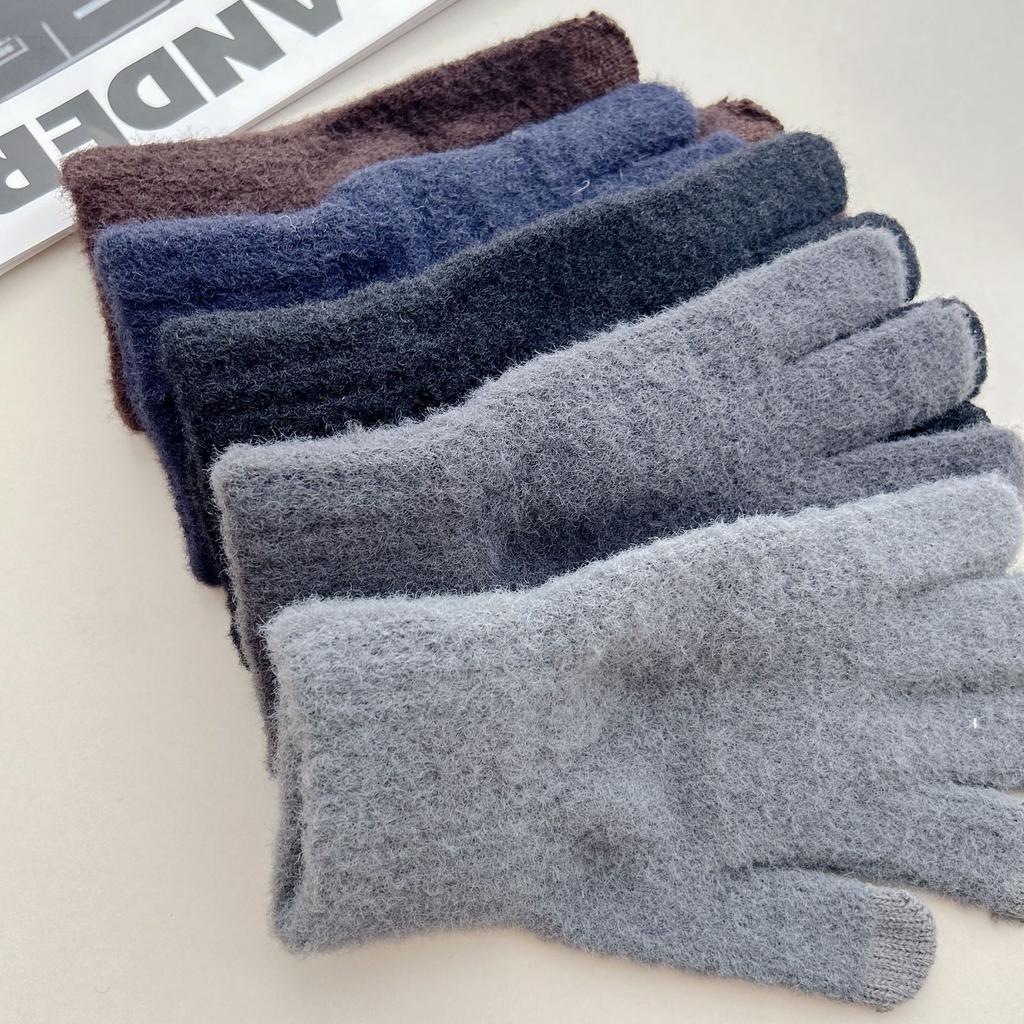Autumn and Winter Men's Solid Color Knitted Gloves Winter Cycling Warm Men and Women Five Finger Touch Screen Knitted Gloves