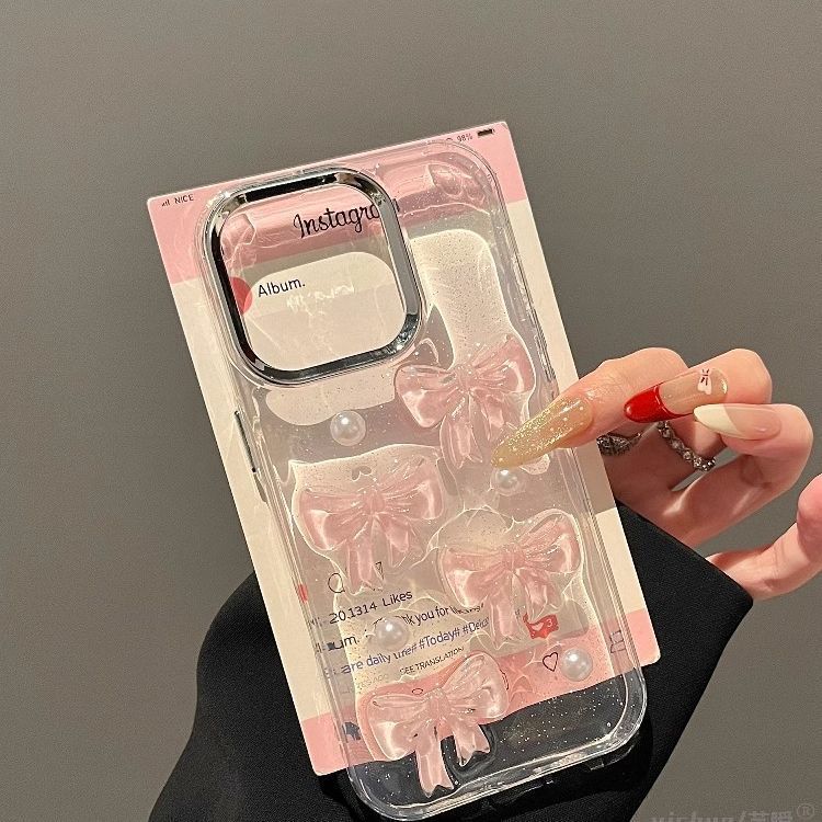 Pink Pearl Bow Is Suitable for Apple 16promax Mobile Phone Case iPhone15/14pro Anti-drop 13 Girls.