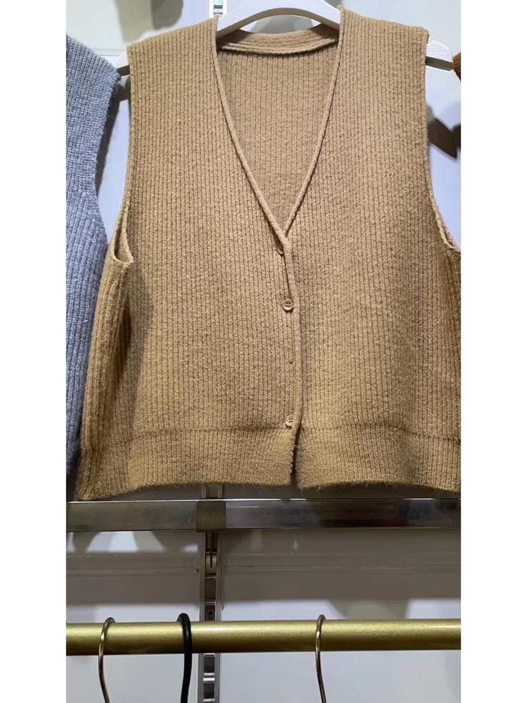 Autumn 2025 Korean Style V-Neck Loose Fit Sleeveless Cardigan Vest