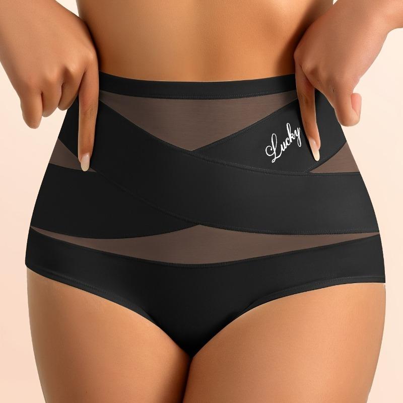 Women's Simple Solid Color High-Waist Breathable Mesh Triangle Panties with Crisscross Texture Design, Tummy Control, Butt Lifting, Seamless Shaping