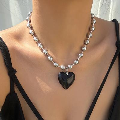 3 Colors Goth Big Love Heart Pendant Necklace for Women Trendy Punk Round Beads Chain Grunge Y2K Jewelry Accessories Steampunk