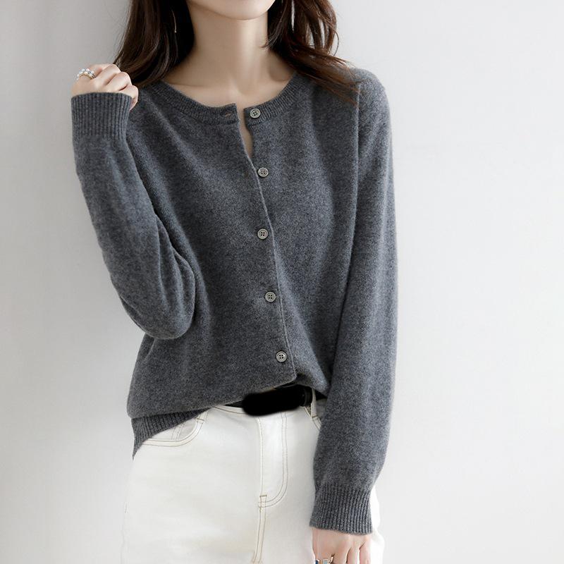 Women Single Breasted Chic Cardigan Fashion Solid Color Long Sleeve Round Neck Autumn Winter Sweater Casual Office Lady Jumpers