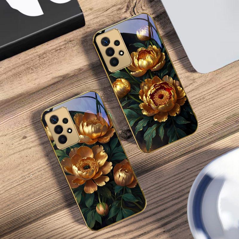 Prosperous Golden Peony For Samsung A 01 52S A04 A05S A10 A12 A13 22 23 24 36 42 M02 Note 10 20Ultra 8 9 Golden glass phone case