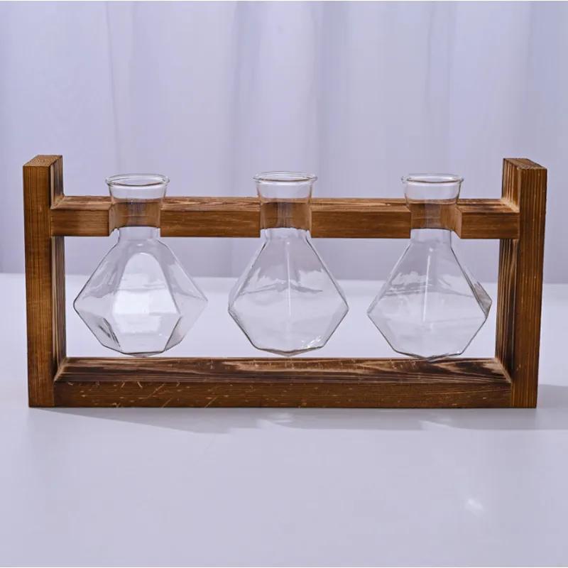 Creative Wooden Frame Hydroponic Small Vase Green Ivy Plant Glass Bottle Container Home Living Room Office Desk Decoration YLE53