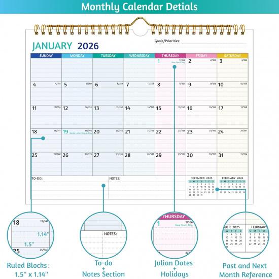 Wall Calendar 2026-2027 – 2 Year Calendar 2026-2027, 11 X 8.5 In, Jan 2026 - Dec 2027, 2026 Calendar 24 Months, Small Monthly Calendar 2026, with