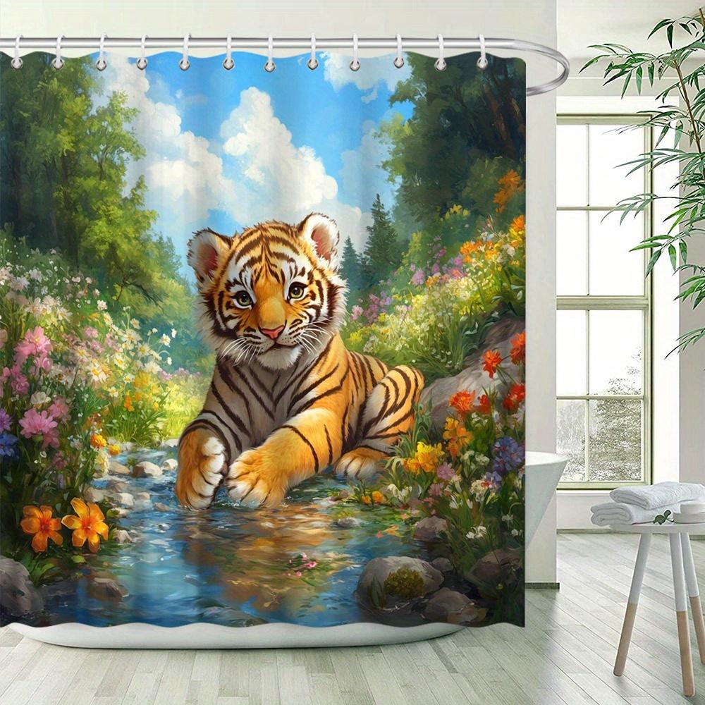 Enchanting Tiger Cub Shower Curtain - Waterproof, Mildew-Resistant With Lush Forest Scene For Nature-Inspired Bathroom Decor