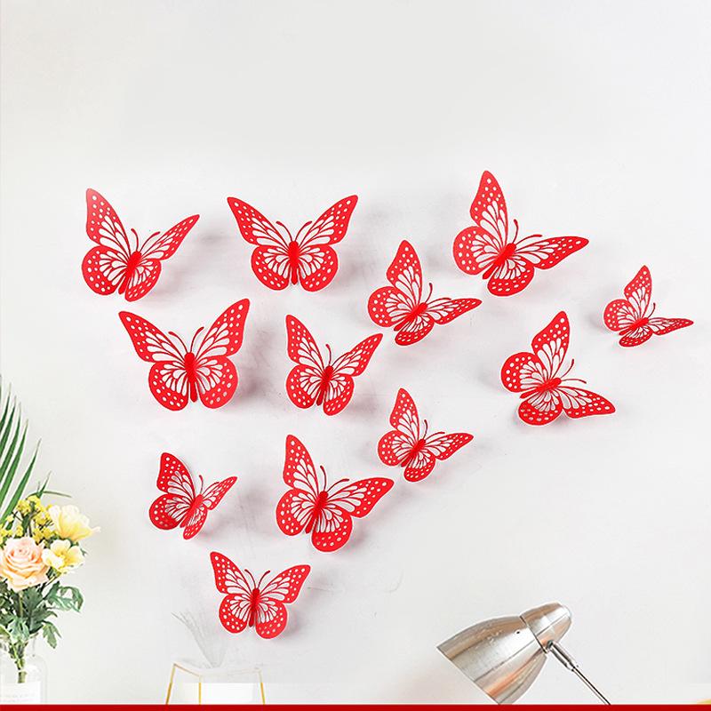 12Pcs/Set Red Blue Pink 3D Hollow Butterfly Wall Stickers For Wedding Home Decoration Living Room Decor Art Butterflies Decals