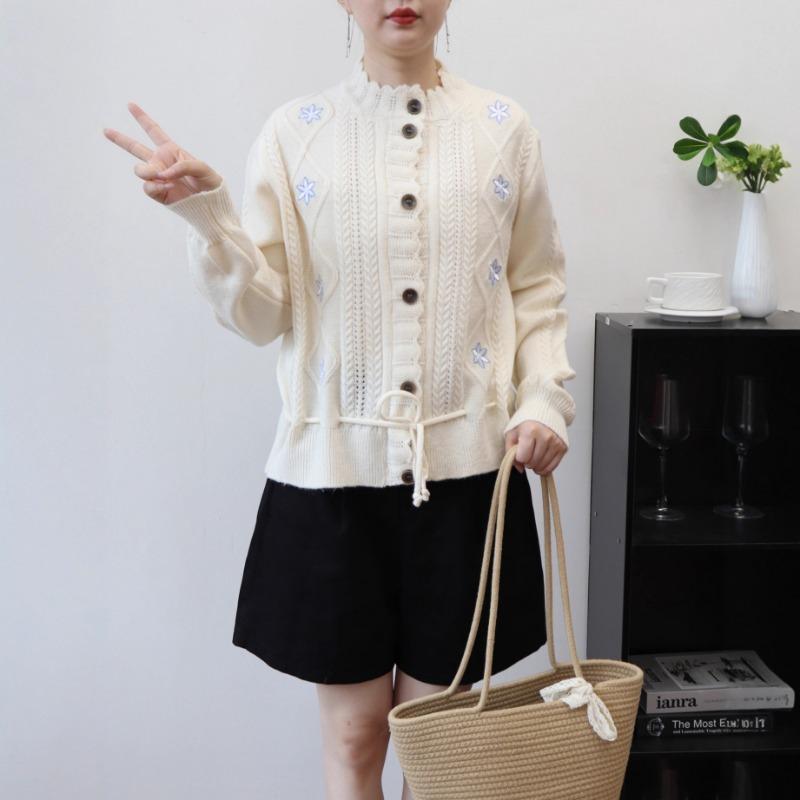 Vintage heavy industry embroidered flower sweater jacket women's autumn and winter new gentle wind drawstring knitted cardigan