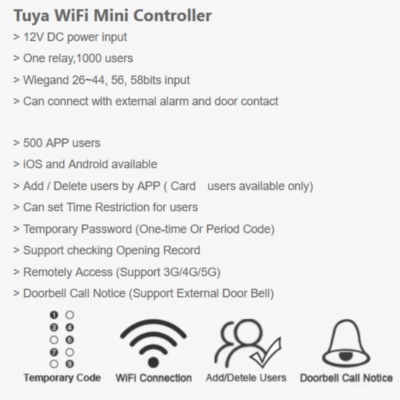 Dimensiune Mini Ușă Simplă Wifi Control de la Distanță Panou Placă Control Acces 12V Intrare Wiegand 26~44 biți Aplicație Tuya 1000 utilizatori
