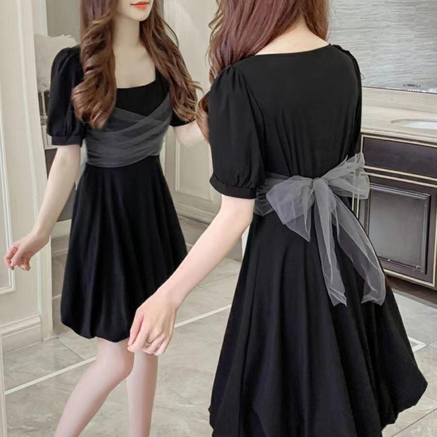 Elegant French Style Mesh-Spliced Square Neck Dress for Women - Slimming Waist, Petite Fit, Short Skirt S