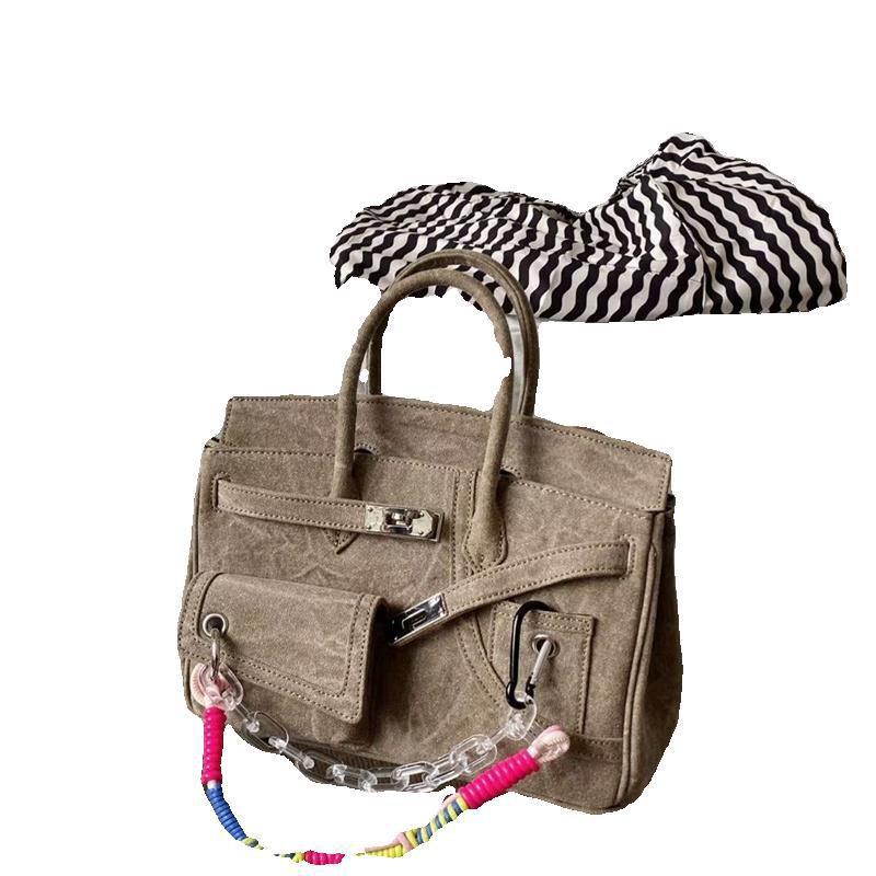 Vintage Distressed Canvas Tote Bag With Rope Detail Unisex Small Shoulder Handbag Black Grey Blue Brown