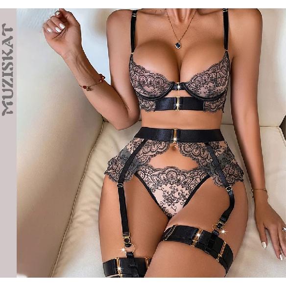 2024 New Erotic Set See-Through Embroidered Sexy Eyelash Lace Body Shaping Lingerie Four-Piece Set Women Onlyfan