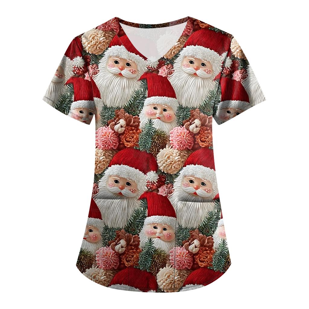 Plus SizePrinted Scrub Working Uniform Tops For Women's Cross V-Neck Print Short Sleeve Fun T-Shirts Workwear Tee With Pockets