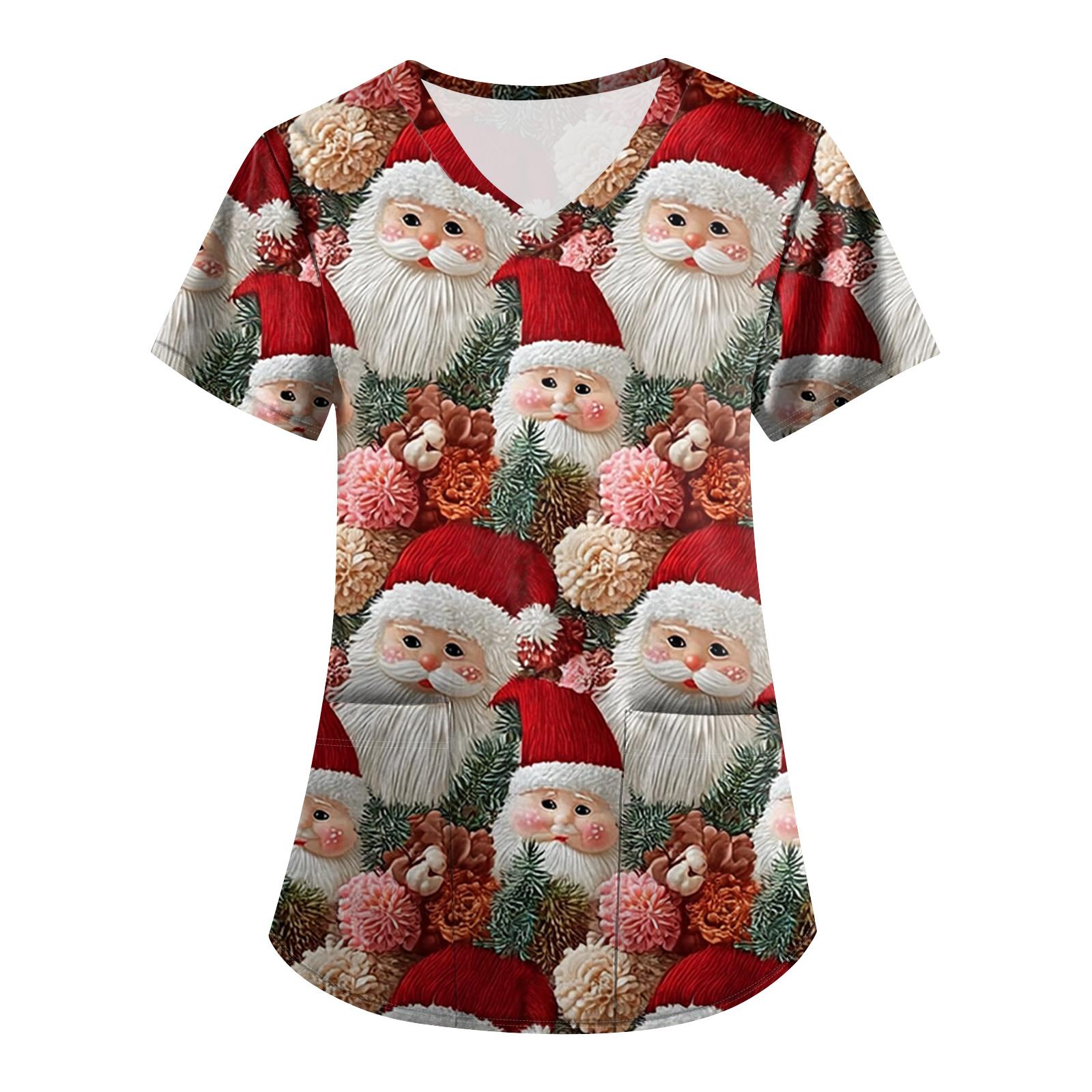 

Большой размер Принтованный скраб Рабочая униформа Топы для женских V-образный вырез с запахом Принт Короткий рукав Веселые футболки Рабочая одежда Футболка с карманами XXL красный