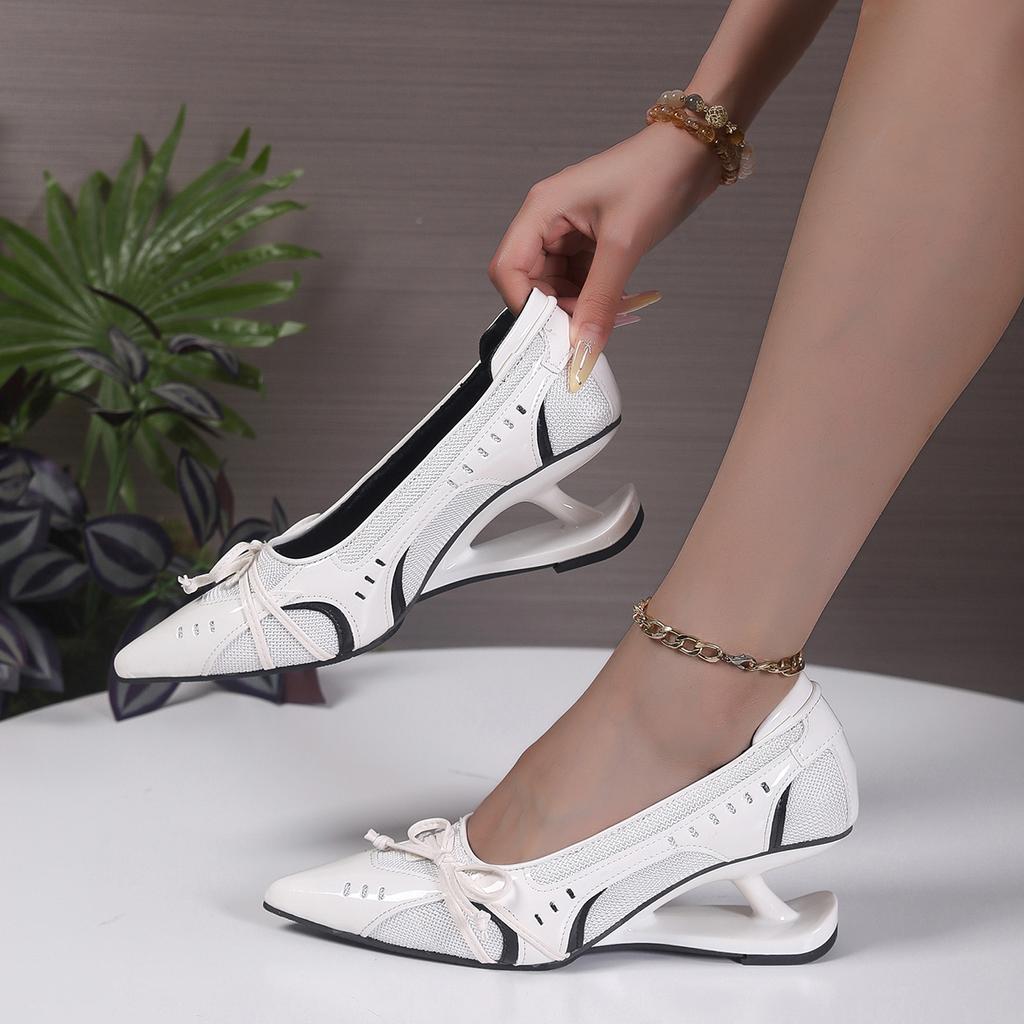 Plus size 43 Special Heel Spliced Heels Pointed Toe Heels Women's Shallow Mouth Bow Non-Slip Mary Jane Single Shoes