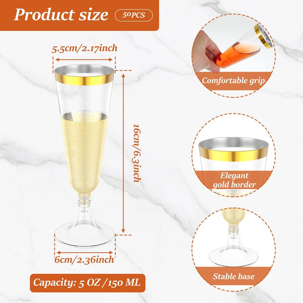 50Pcs Plastic Champagne Flutes Gold Trim Champagne Flute Easy To Grip Mimosa Glasses for Weddings Parties Cocktail Cups