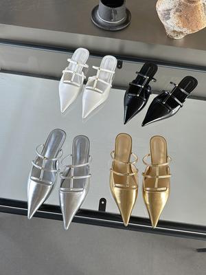 Fashion Fashion Women Slides Slippers Pointed Toe Summer Outside Mules Shoes Thin Mid Heels Black White Silver Gold Sandals Office Pumps