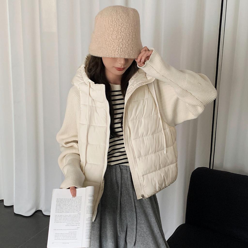 Light and thin knitted sweater sleeves fake two-piece splicing down padded jacket women's winter gray winter thickened hooded jacket