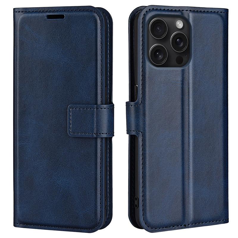 

For iPhone 16 Pro Max Case Calf Texture PU Leather Folio Flip Wallet Phone Cover Blue