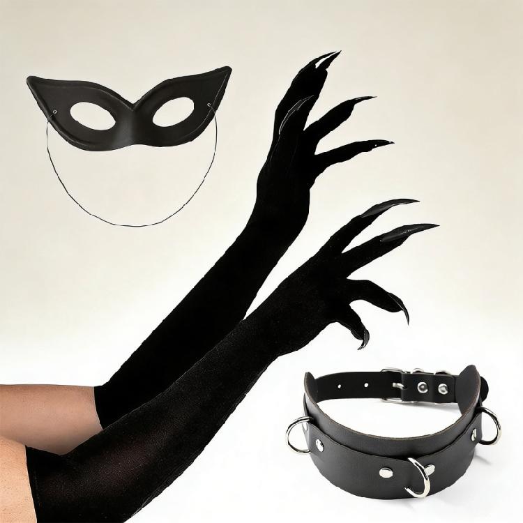 Black Cats Costumes for Women Cats Ears Headband Tail Paws Gloves Collar Mask Halloween Costume Accessories Adult Kids