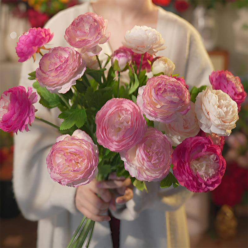 Artificial Silk Rose Flowers Elegant Peony Fake Flowers Plants Persian Ranunculus Bouquet Asian Buttercup Home Wedding Decor