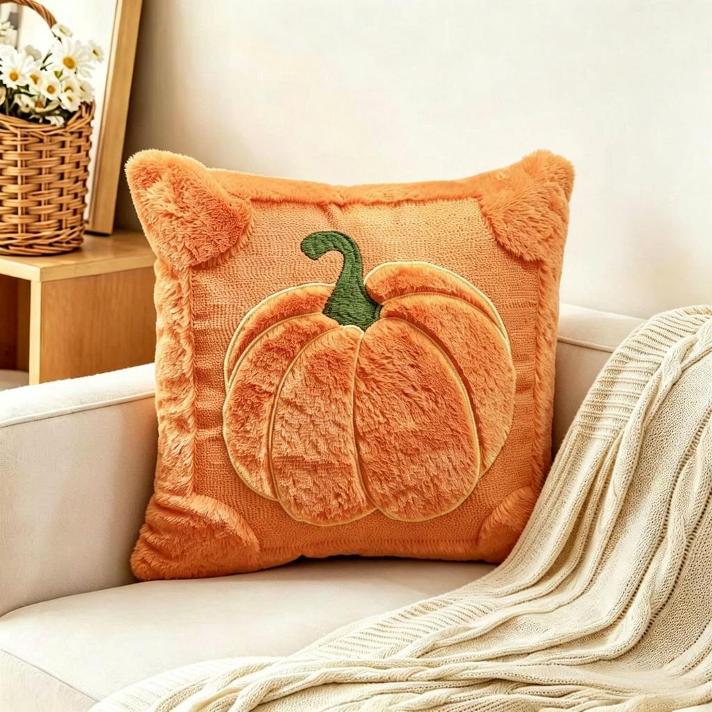 Ghost Pumpkin Plush Faux Fur Pillow Covers Soft Halloween Decor for Sofa Couch Bed Living Room White Orange Pillowcases 45x45CM