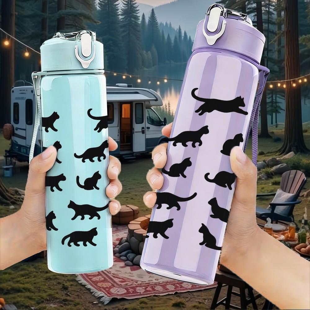 1PC Black Cat Silhouette Pattern 750ml Color Plastic Sports Water Bottle Leakproof Flip Straw Lid Suitable for Sports Office Home Use