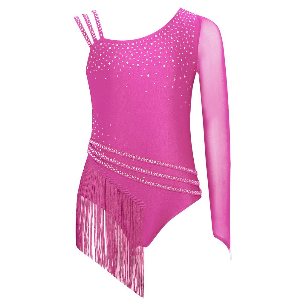 Girls Sparkling Rhinestones Fringe Leotard Irregular Tassel Bodysuit Figure Skating Dance Performance