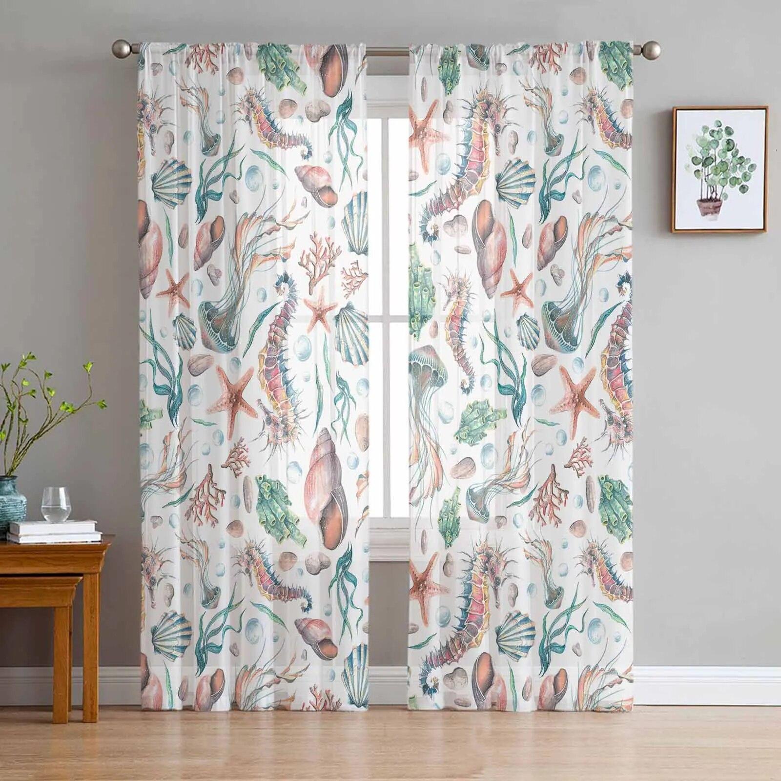 

Морская жизнь, морская звезда, акварельные прозрачные шторы для гостиной, кухни, оконные шторы, тюлевые занавески для спальни, вуали