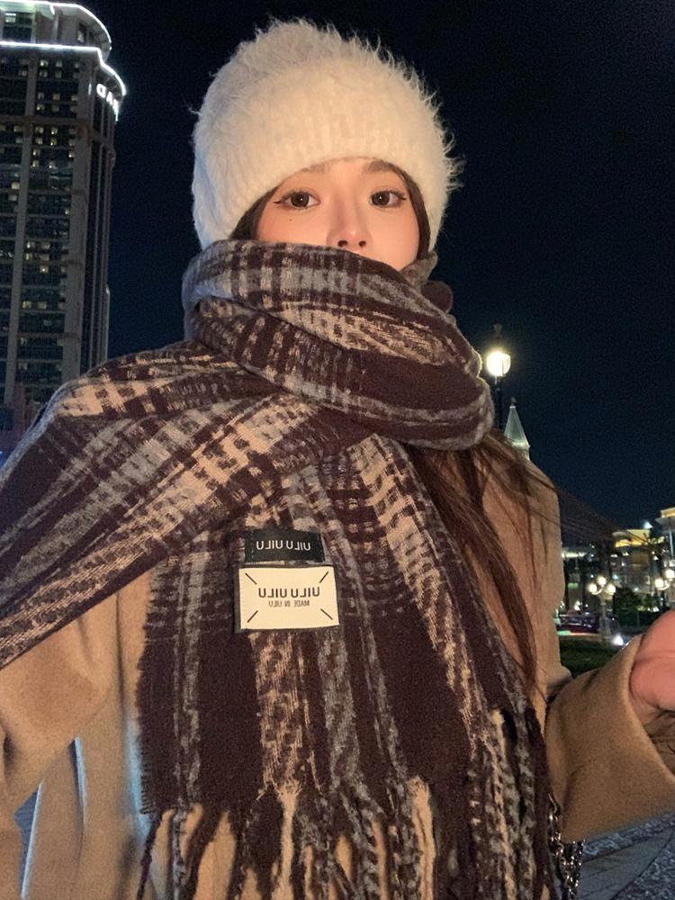 Women Retro Plaid Knitted Scarf Headscarf Ladies Casual Sweet Tassel Warm Scarve Mujer Wrap Shawl Student Young Girl New Winter