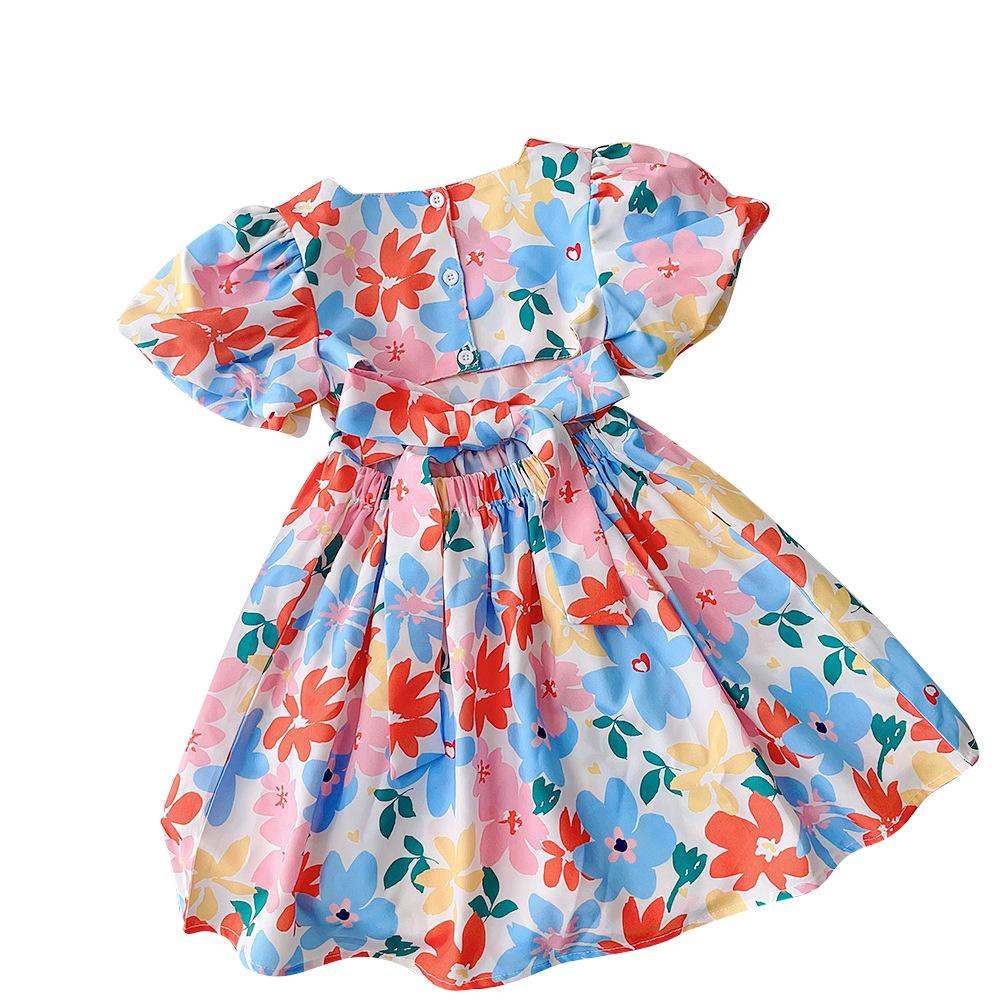 Children's Clothing Backless Design Floral Girl's Dress Summer Style Puff Sleeve Baby Girl Short Sleeve Dress Vacation Dress
