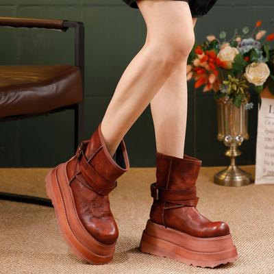 Damen 2025 Höhenvergrößernde Martin Boots - Gewaschenes Rindsleder Plateau Stiefeletten mit Schnalle und dicker Sohle