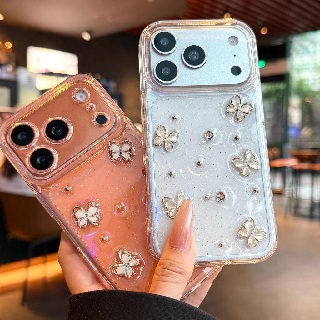 3D Epoxy Butterfly Steel Bead iPhone Case for 14, 15, 16, 17 Pro Max